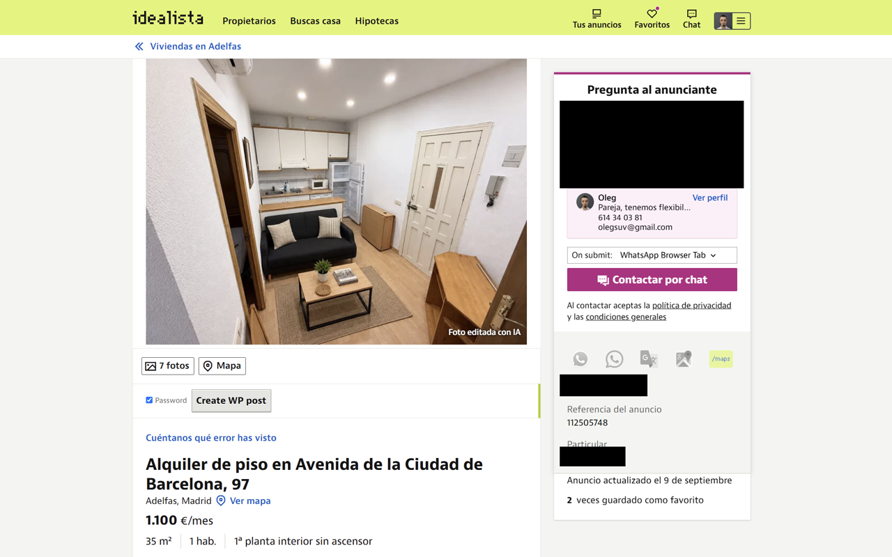 Idealista listing page with one-click WhatsApp, Gmail, and Google Maps shortcuts