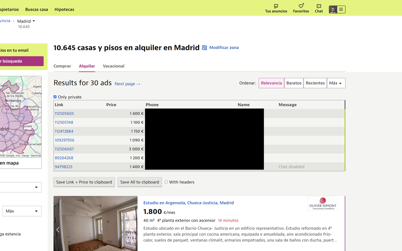 Idealista search results with private sellers tagged and phone numbers shown inline